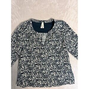 Pact Womens Pop Over Organic Cotton Top Blue White Size Small Floral Romantic